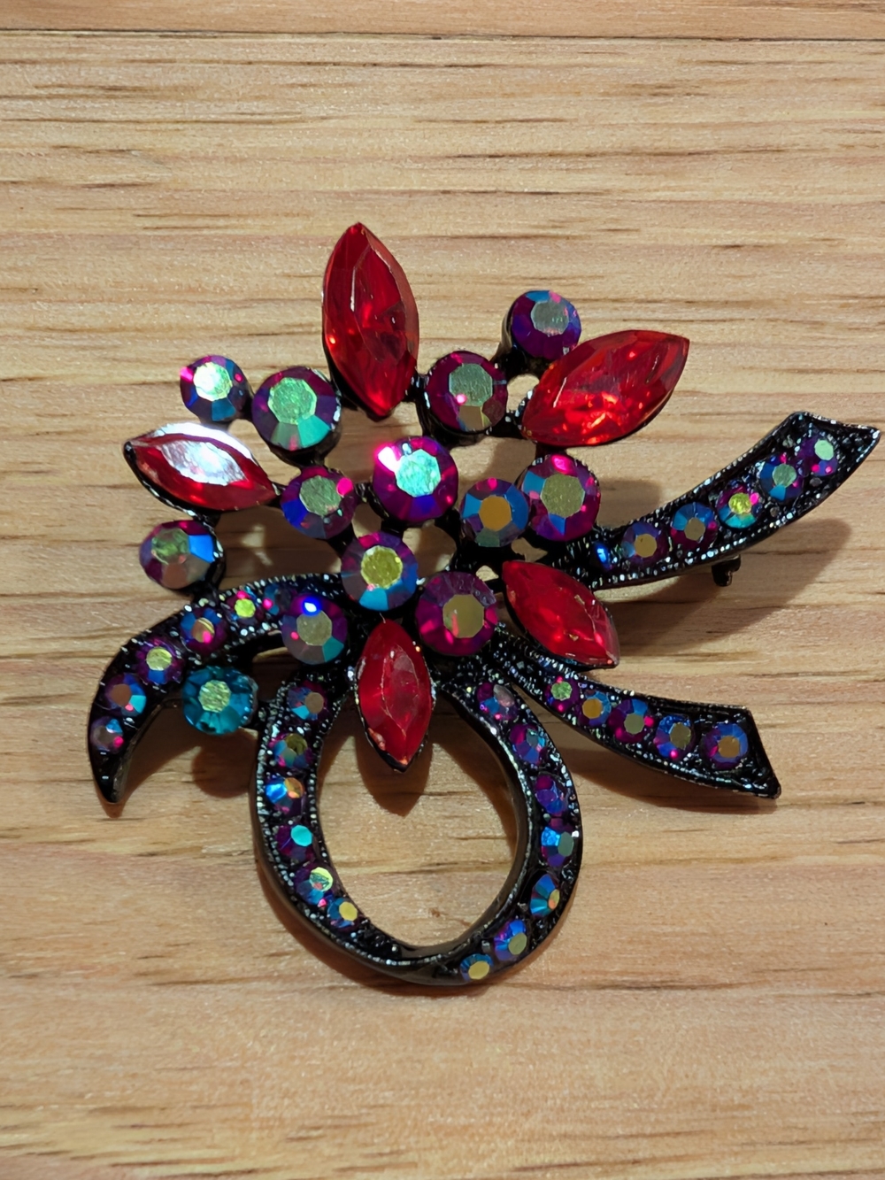 Source Unknown Red and Aurora Floral Rhinestone Brooch